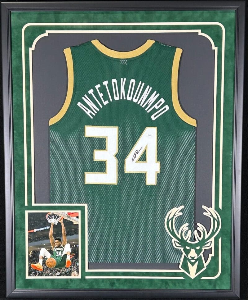 Giannis Antetokounmpo Signed Autographed Framed Green Jersey JSA Authentication