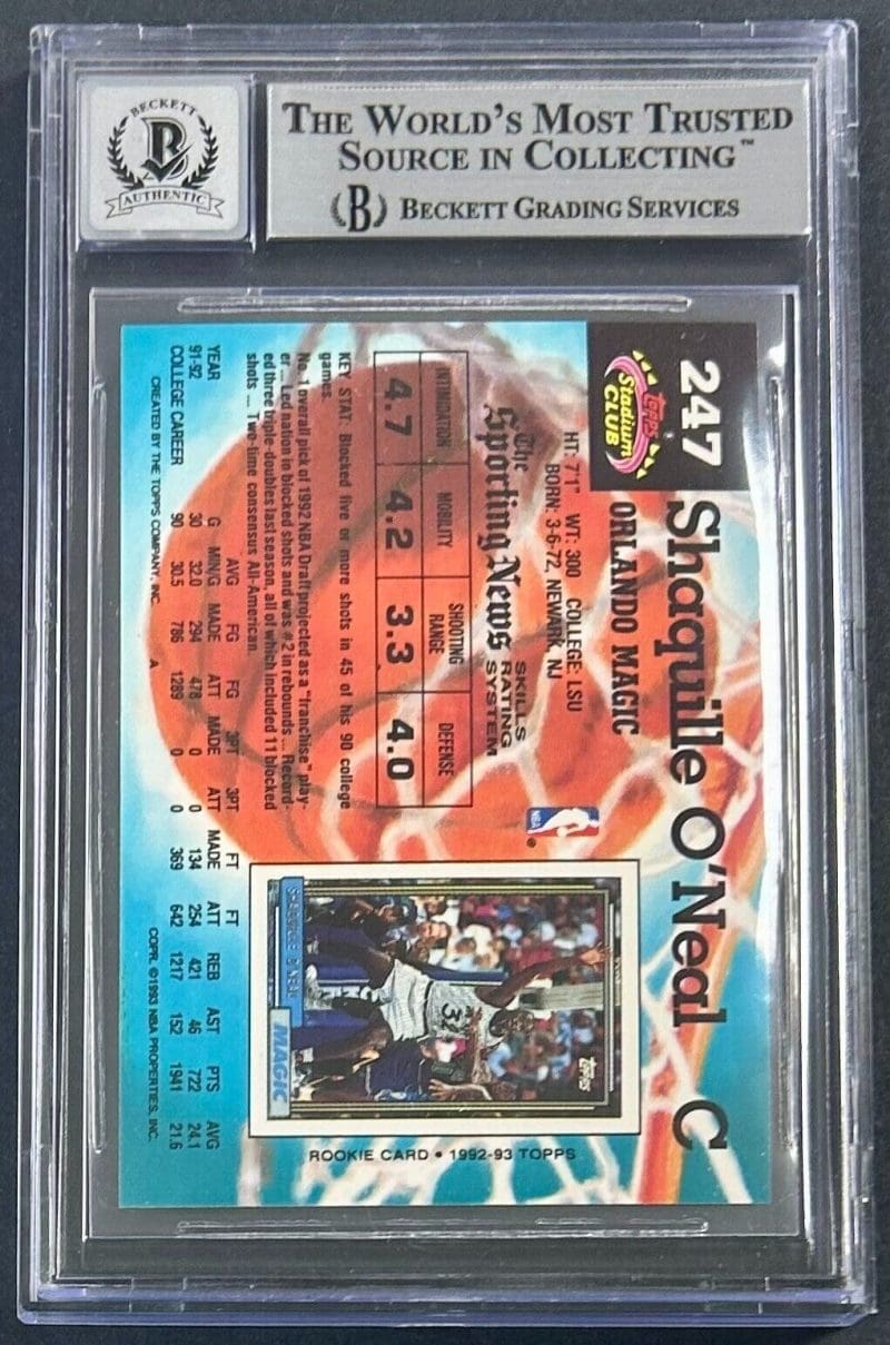 Shaquille O'Neal Signed 1992 Topps Stadium Club #247 RC BAS Beckett Auto 10 - Image 2