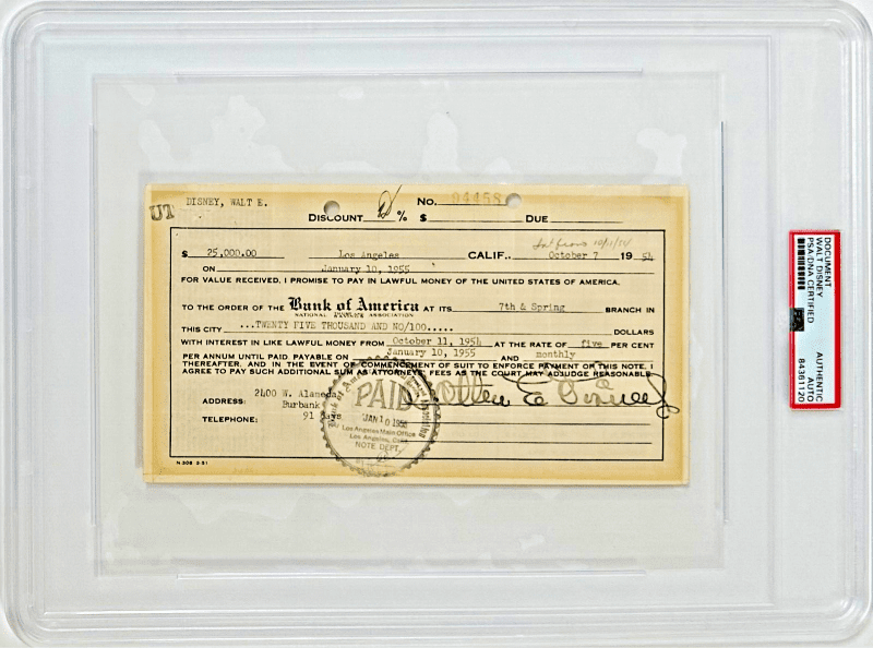 Walt Disney Signed Bank Loan Document Linked To Development of Disneyland PSADNA