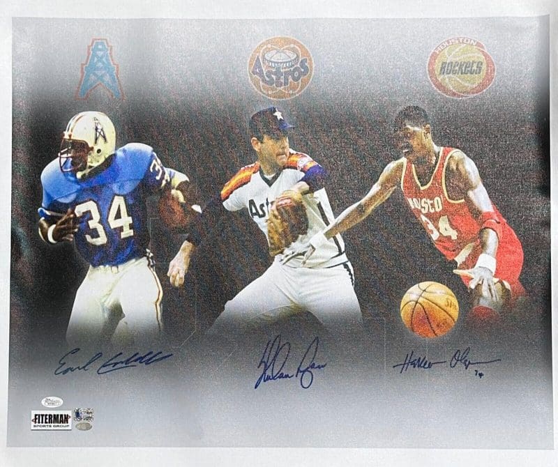 Hakeem Olajuwon Earl Campbell Nolan Ryan Signed 20x24 Canvas JSA Authenticated