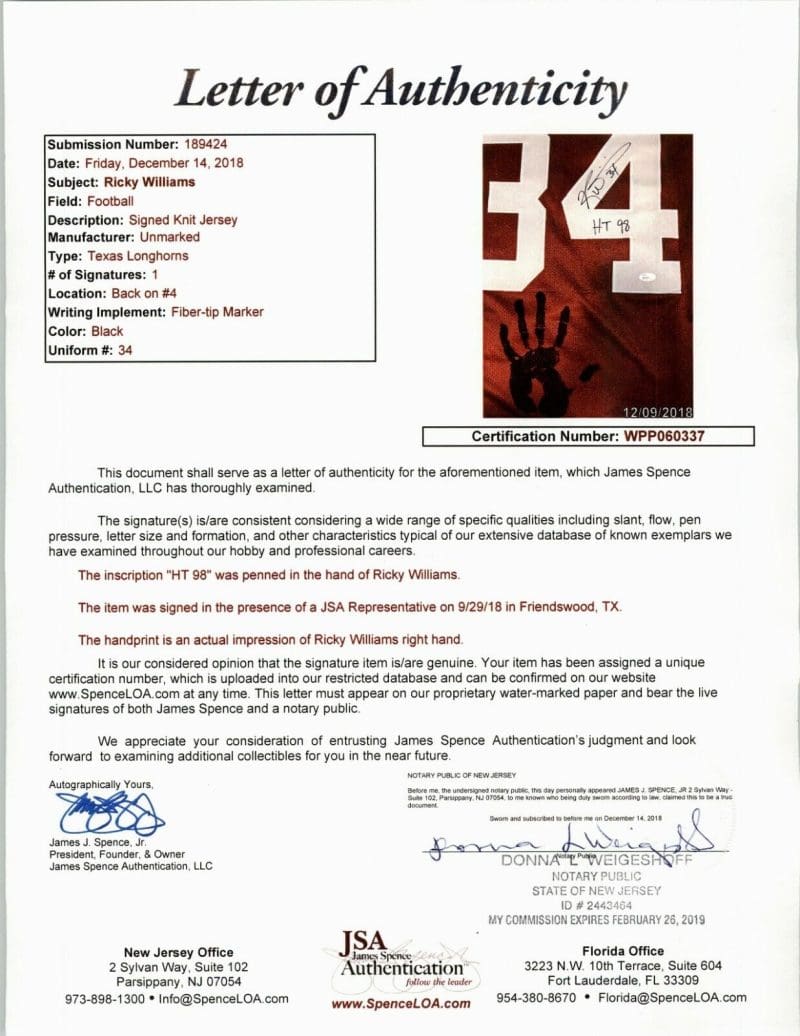 Ricky Williams Handprint Signed Autographed Orange Jersey JSA Authen WPP060337 - Image 7