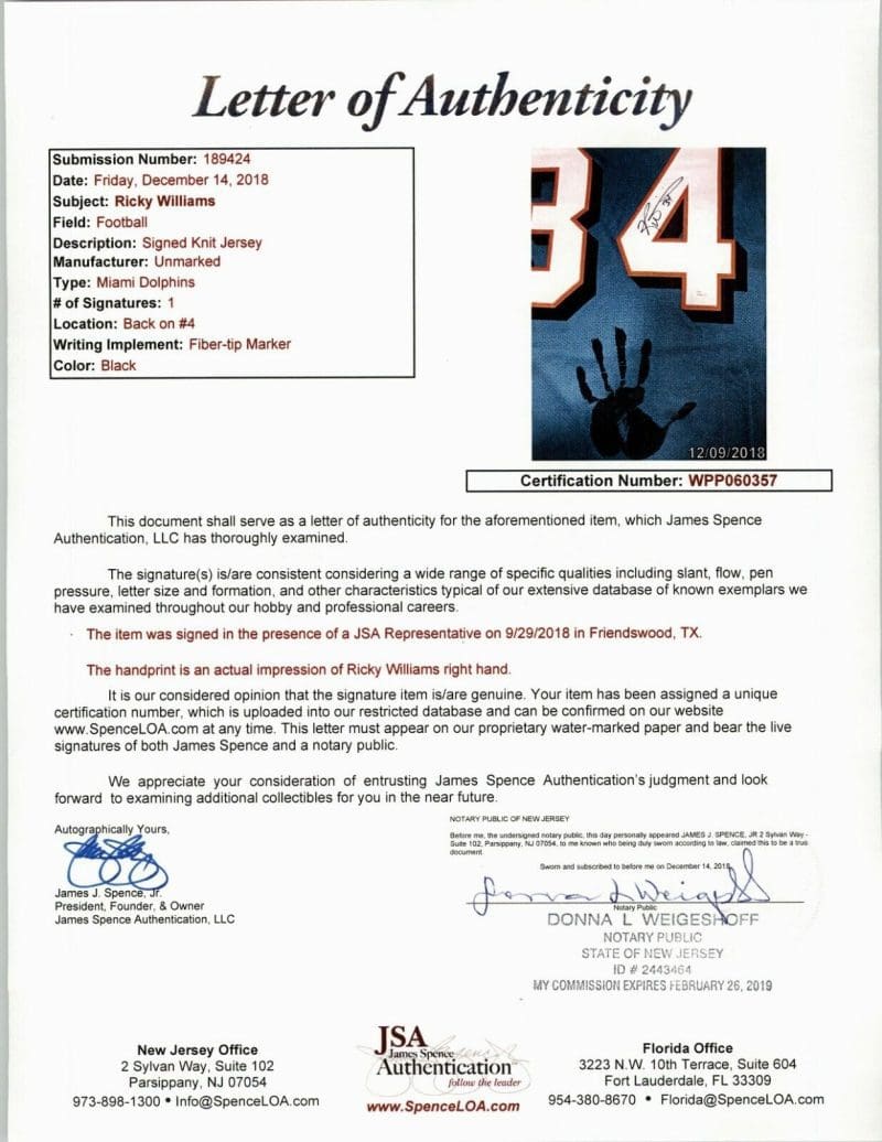 Ricky Williams Hand Print Signed Autographed Green Jersey JSA Authen WPP060357 - Image 7