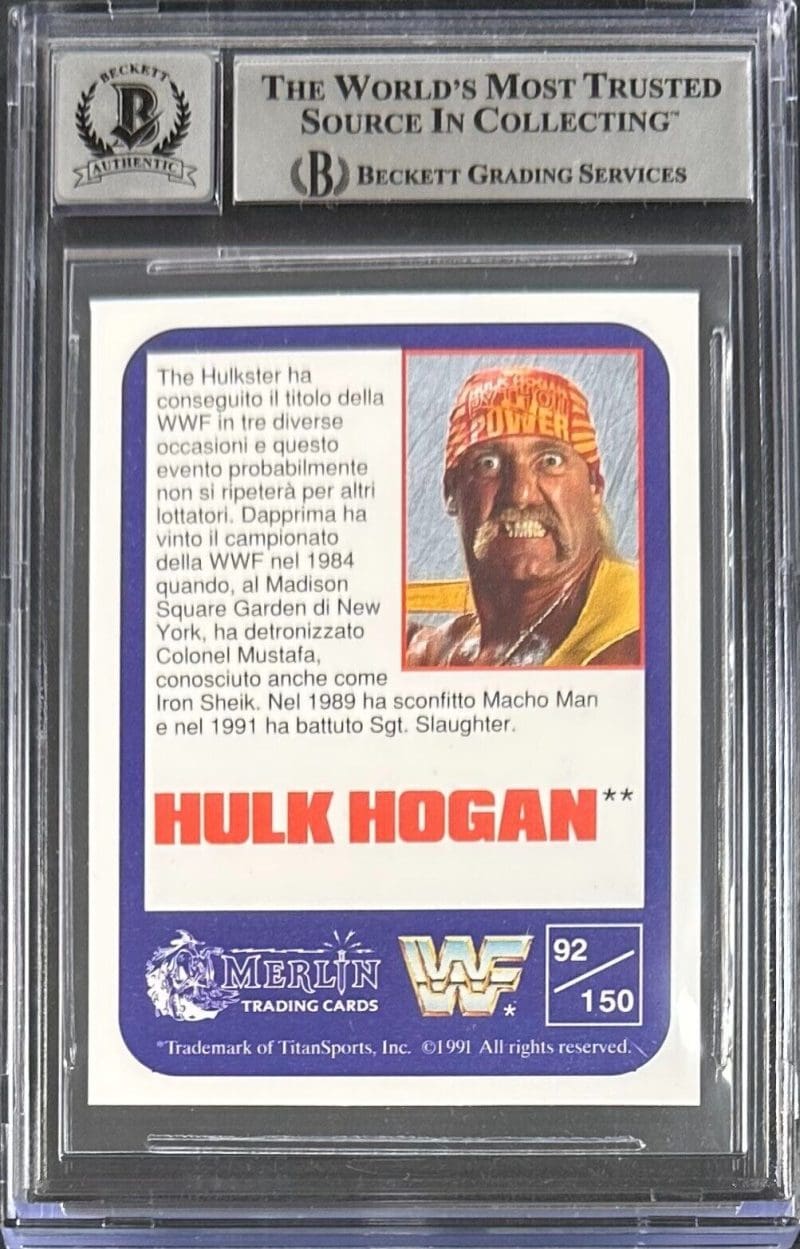 Hulk Hogan 1991 Italian Merlin WWF #92 Beckett Cert Authentic Auto 10 15333266 - Image 2