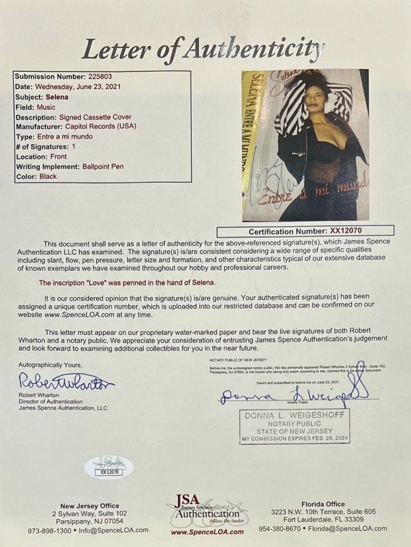 SELENA Signed Entre A Mi Mundo Original Cassette Cover JSA Full Letter - Image 6