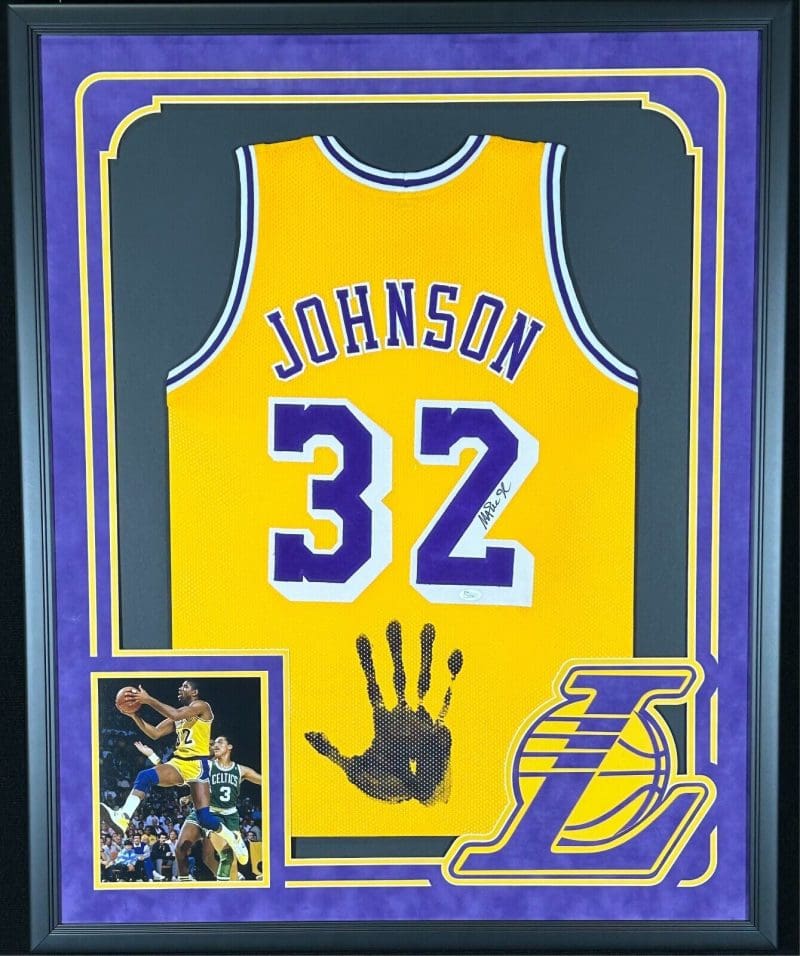Magic Johnson Signed & Actual Handprint Framed Yellow Jersey JSA Authentication