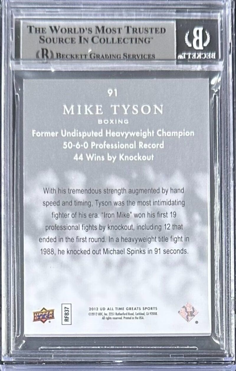 Mike Tyson Signed 2012 Upper Deck All Time Greats Silver Card #91 Beckett 09/35 - Image 2