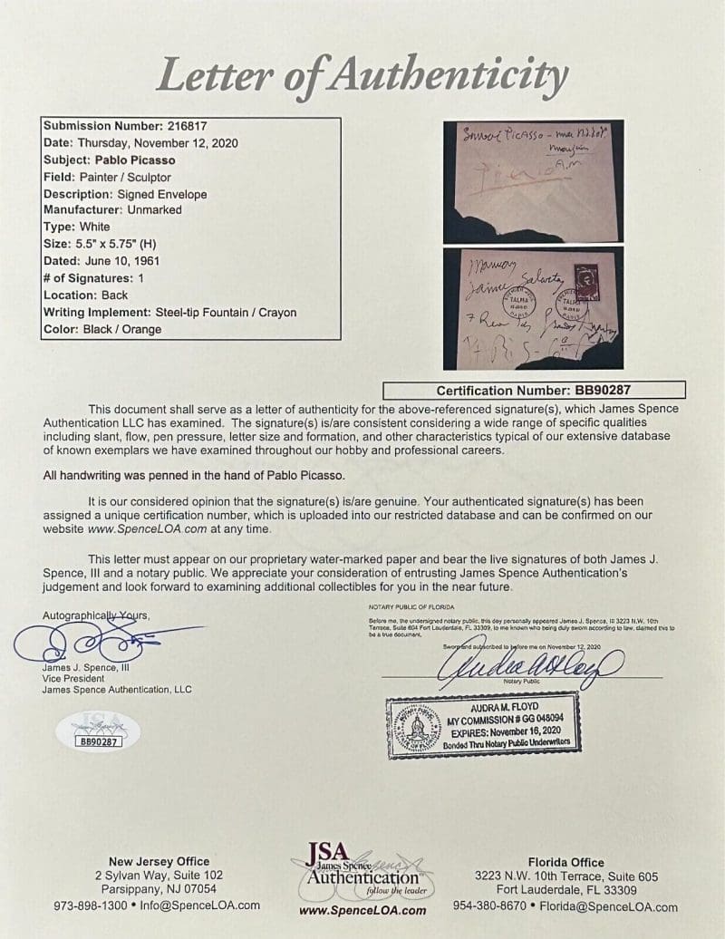 Painter Pablo Picasso Signed & Handwriting On Envelope Paris 1961 JSA Letter - Image 3