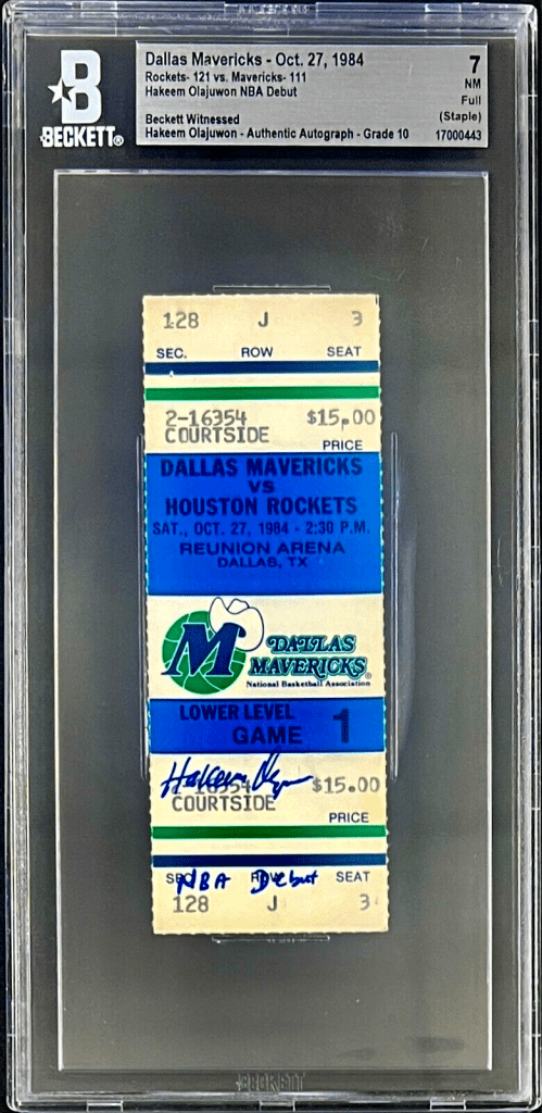 Hakeem Olajuwon Signed Rockets NBA Debut Full Ticket Beckett