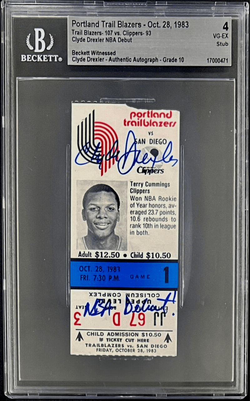 Clyde Drexler Signed Trail Blazers NBA Debut Ticket Stub Beckett 4 VG-EX Auto 10
