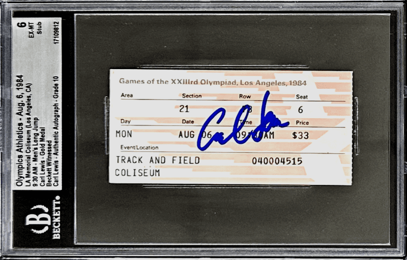Carl Lewis Signed 1984 Olympics Athletics Beckett Ticket Stub Gold Medal