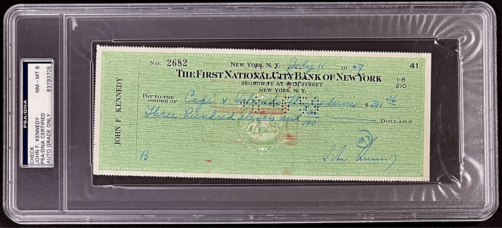 President John F. Kennedy Signed Check Flight Services PSA