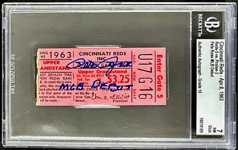 Pete Rose Signed Cincinnati Reds MLB Debut Ticket Stub 4-8-63 BAS 7 NM 16019189