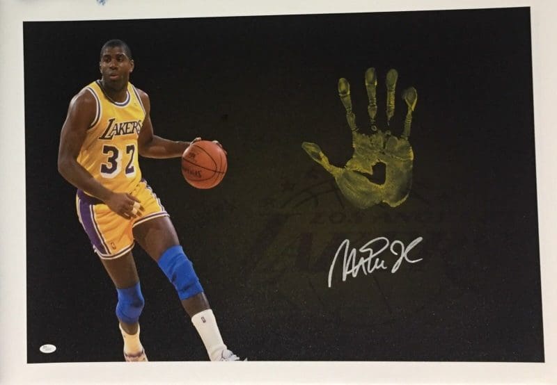 Magic Johnson Handprint Unstretched 20x36 Canvas Yellow Signed JSA Z05735 2