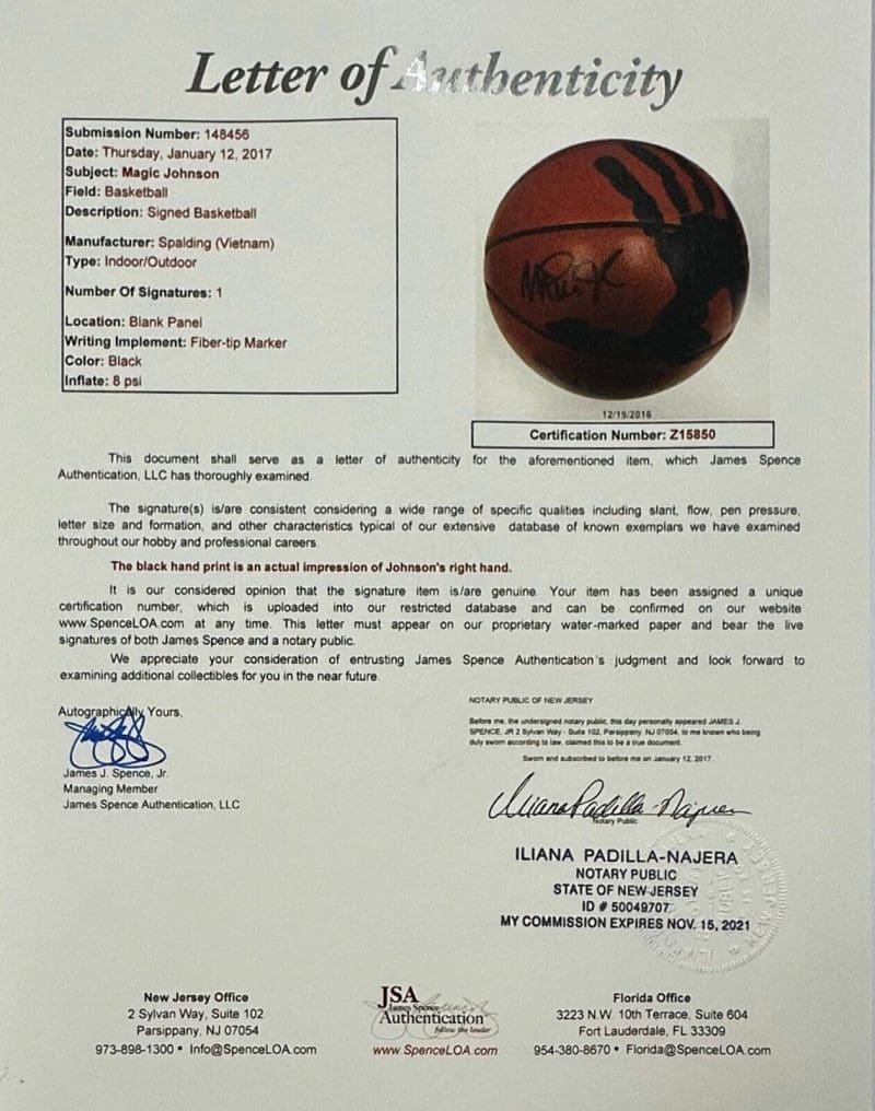 Magic Johnson Handprint and Signed Autographed Basketball JSA Full Letter Authen - Image 3