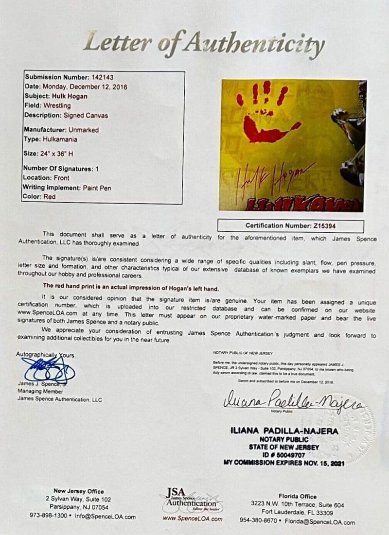 Hulk Hogan Handprint Unstretched 24x36 Canvas Signed JSA Full Letter Z15394 - Image 4