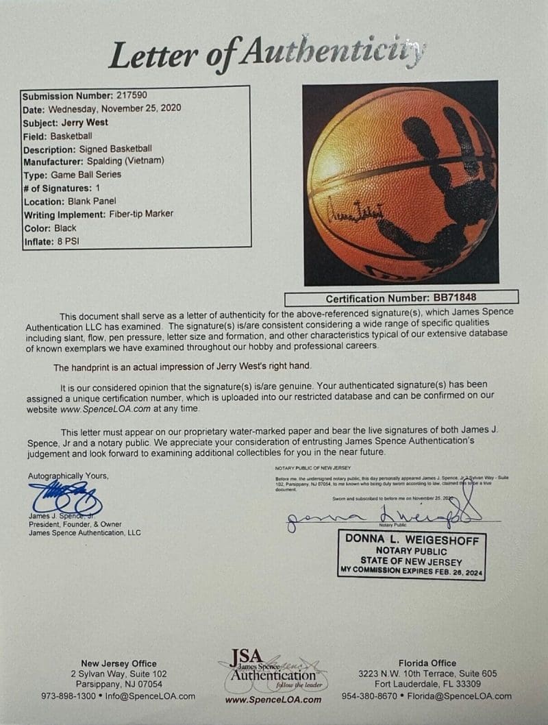 Jerry West Handprint and Signed Autographed Basketball JSA Full Letter Authen - Image 3