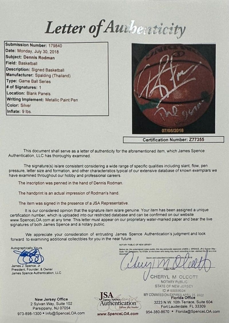 Dennis Rodman Handprint & Signed Autographed Basketball JSA Full Letter Authen - Image 5