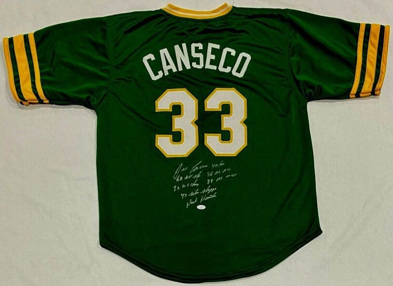 Jose Canseco Signed Autographed Green Jersey FSG Authenticated 7 Inscriptions