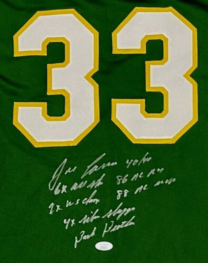 Jose Canseco Signed Autographed Green Jersey FSG Authenticated 7 Inscriptions - Image 2