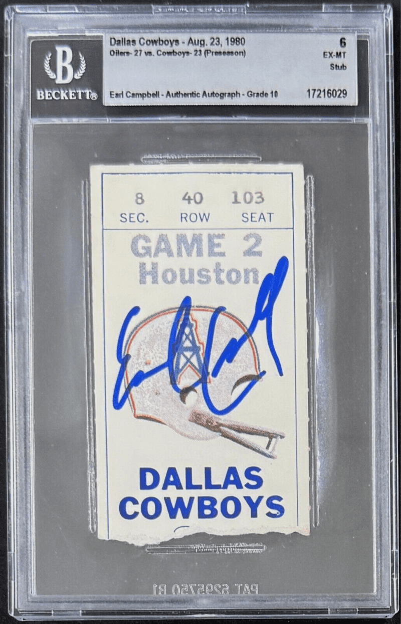 Earl Campbell Signed Houston Oilers vs Cowboys Aug. 23 1980 Ticket Stub Beckett