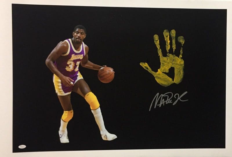Magic Johnson Handprint Unstretched 20x36 Canvas Purple Signed JSA Z05729 1