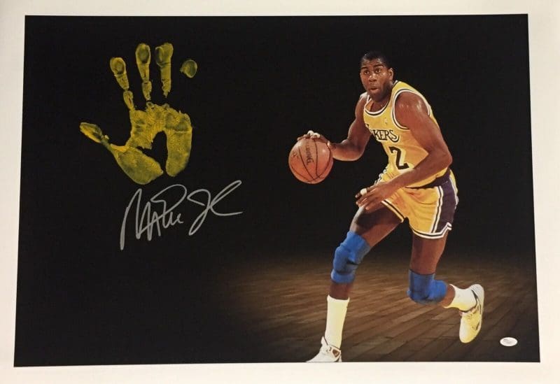 Magic Johnson Handprint Ustretched 20x36 Canvas Dribble Right Signed JSA Z05675