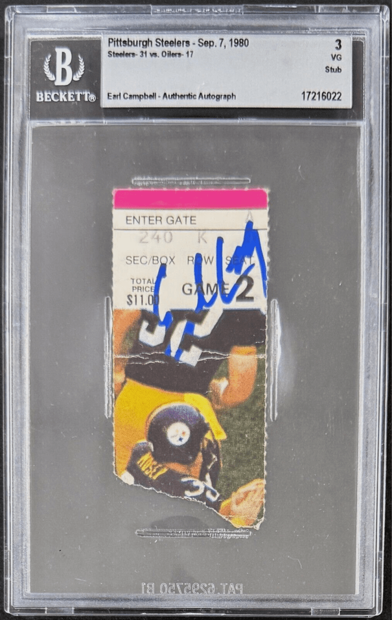 Earl Campbell Signed Houston Oilers vs Steelers Sep. 7 1980 Ticket Stub Beckett