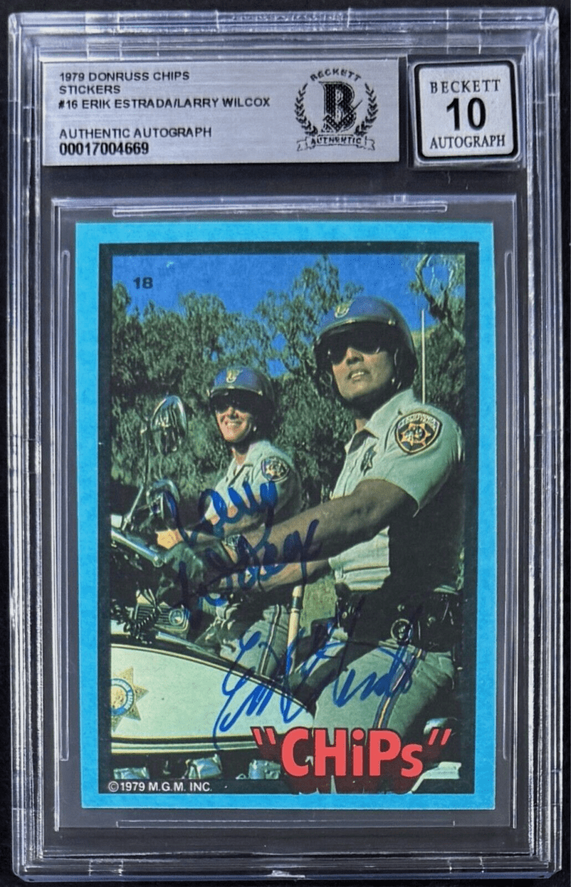 Erik Estrada Larry Wilcox Signed 1979 Donruss Chips Stickers #16 Beckett Auto 10