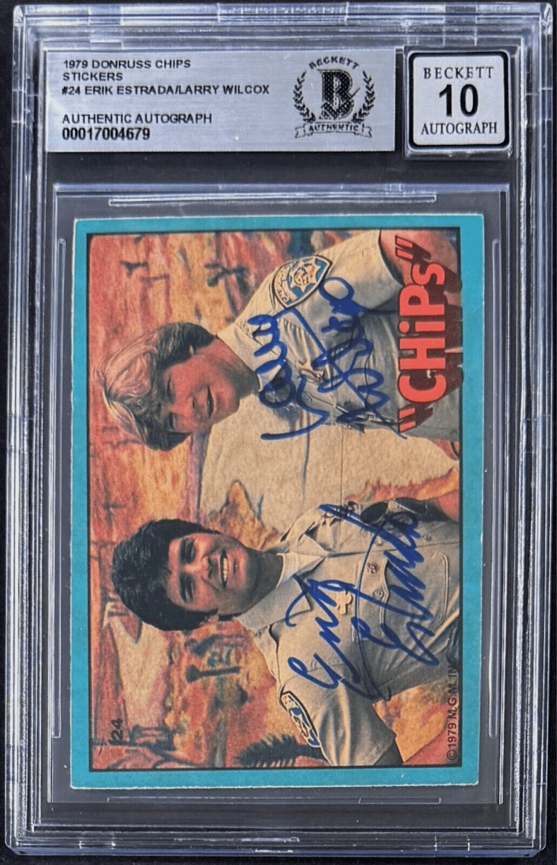 Erik Estrada Larry Wilcox Signed 1979 Donruss Chips Stickers #24 Beckett Auto 10