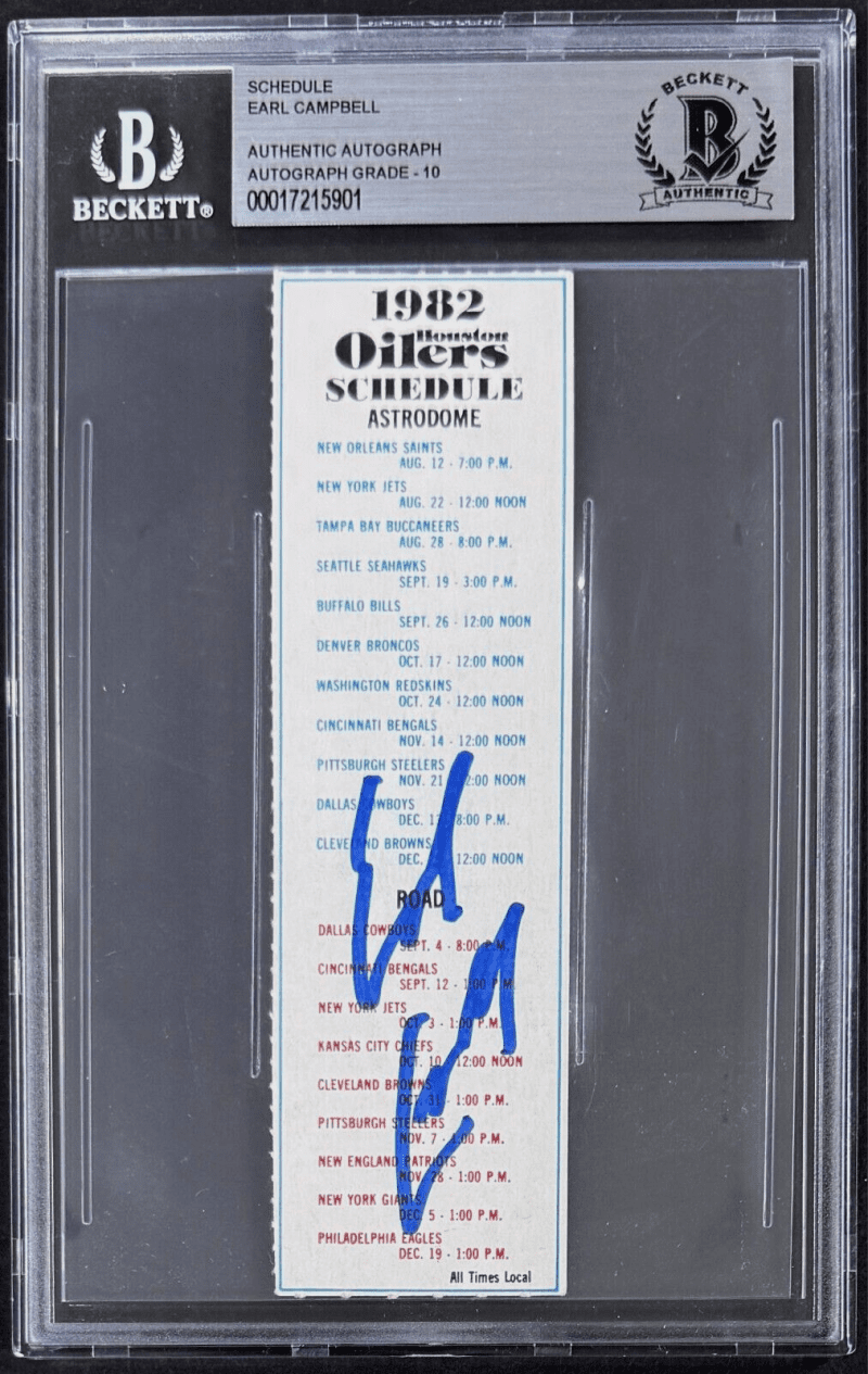 Earl Campbell Signed Houston Oilers 1982 Schedule Stub Beckett Auto 10