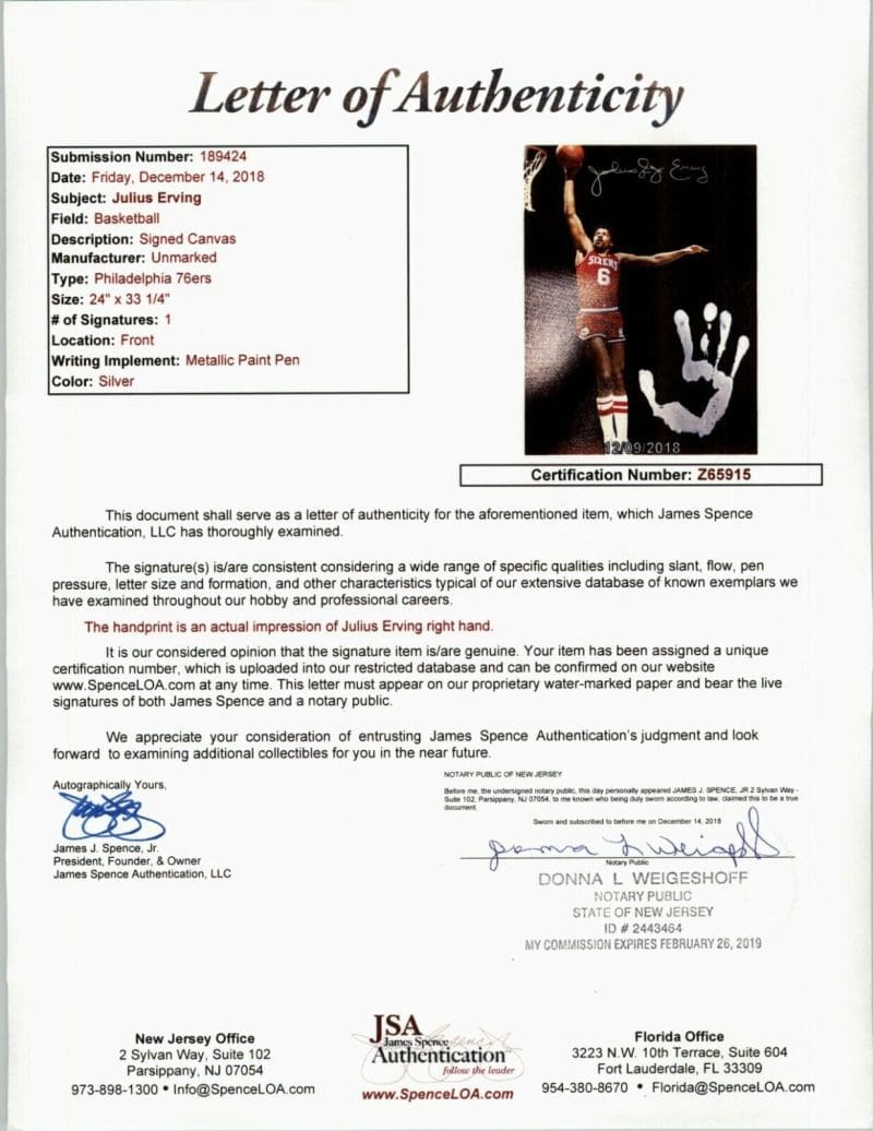Julius Dr. J Erving  Handprint Unstretched 20x36 Canvas Signed JSA Z65915 - Image 7