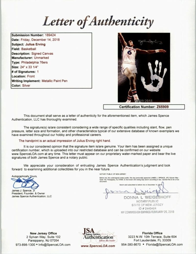 Julius Dr. J Erving  Handprint Unstretched 20x36 Canvas Signed JSA Z65909 - Image 7