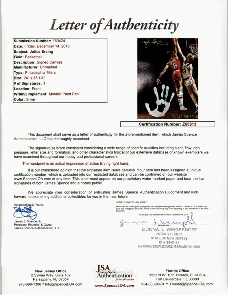Julius Dr. J Erving  Handprint Unstretched 20x36 Canvas Signed JSA Z65913 - Image 7