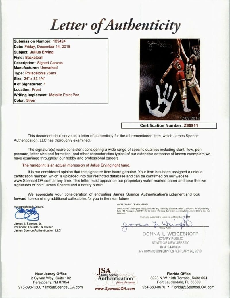 Julius Dr. J Erving  Handprint Unstretched 20x36 Canvas Signed JSA Z65911 - Image 7