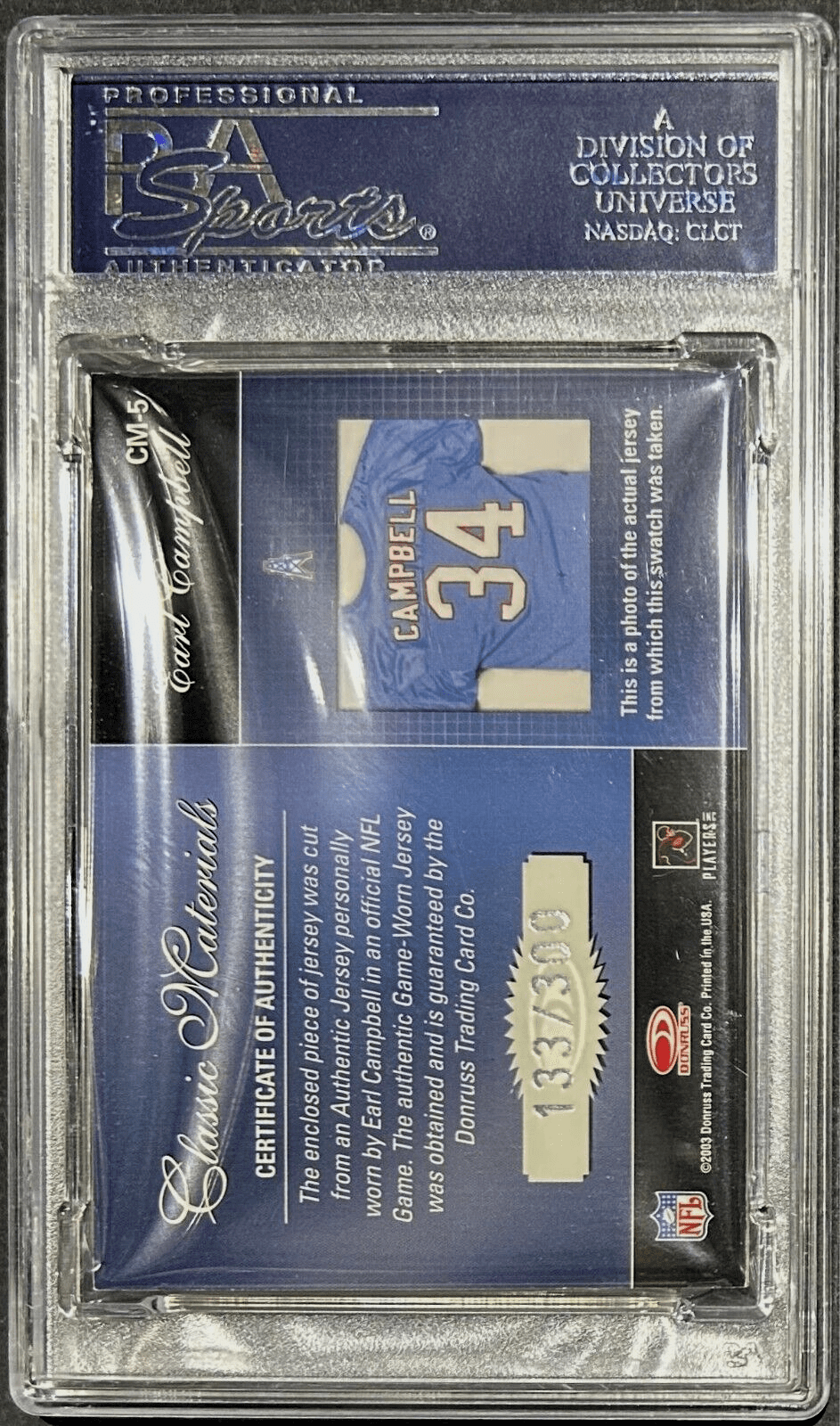 Earl Campbell Signed 2003 Donruss Classics Classic Material Card PSA/DNA 133/300 - Image 3