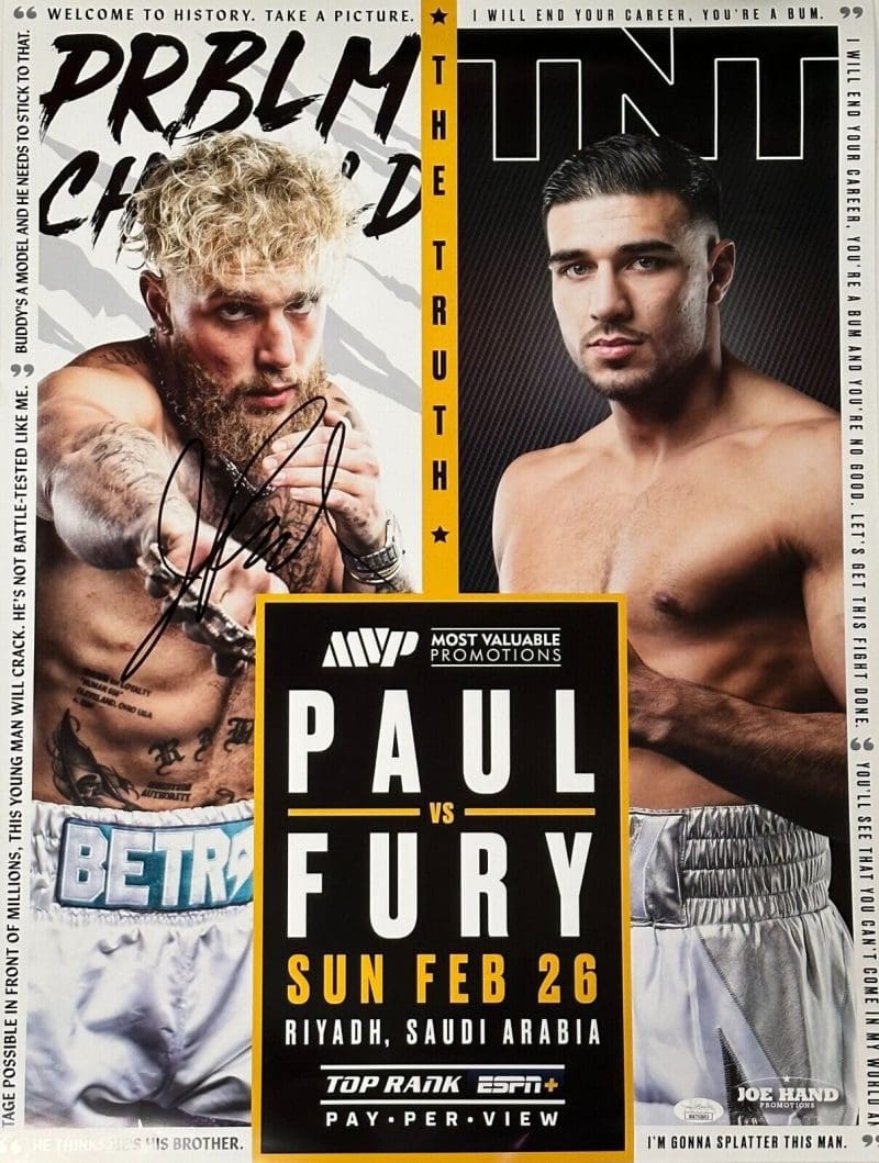 Jake Paul Signed Autographed 18x24 vs Fury Fight Poster JSA Witness