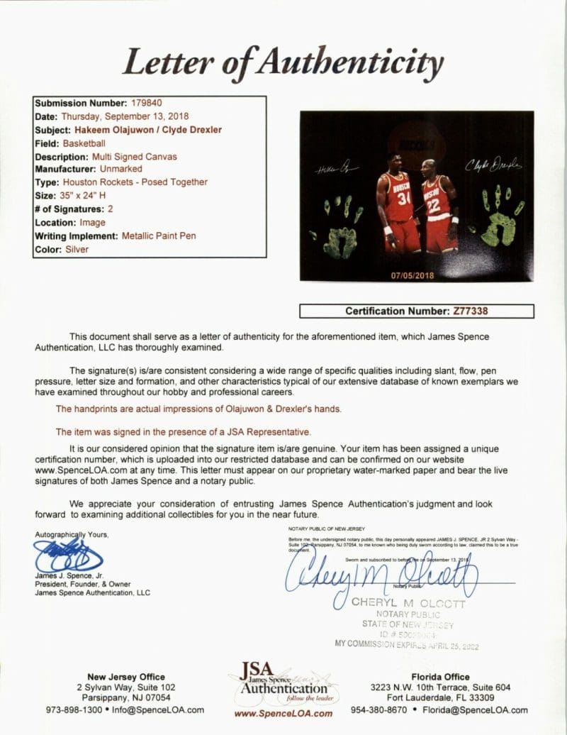 Hakeem Olajuwon Clyde Drexler Handprint Unstretched 20x36 Canvas Signed Z77338 - Image 7