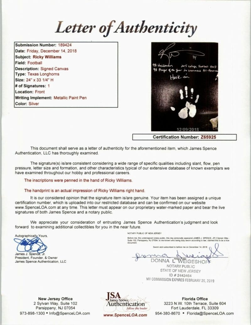 Ricky Williams Handprint Ustretched 20x36 Canvas Texas Signed JSA Z65925 - Image 8