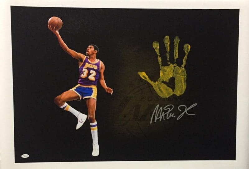 Magic Johnson Handprint Unstretched 20x36 Canvas Layup Purple Signed JSA Z05784