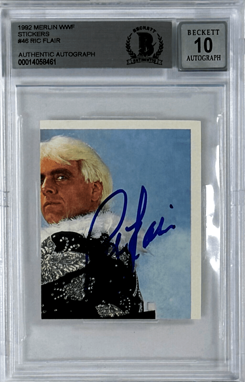 Ric Flair Signed 1992 Merlin WWF Sticker Card #46 Beckett Auto 10 14058461