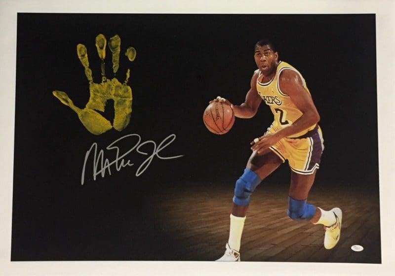 Magic Johnson Handprint Ustretched 20x36 Canvas Dribble Right Signed JSA Z05677