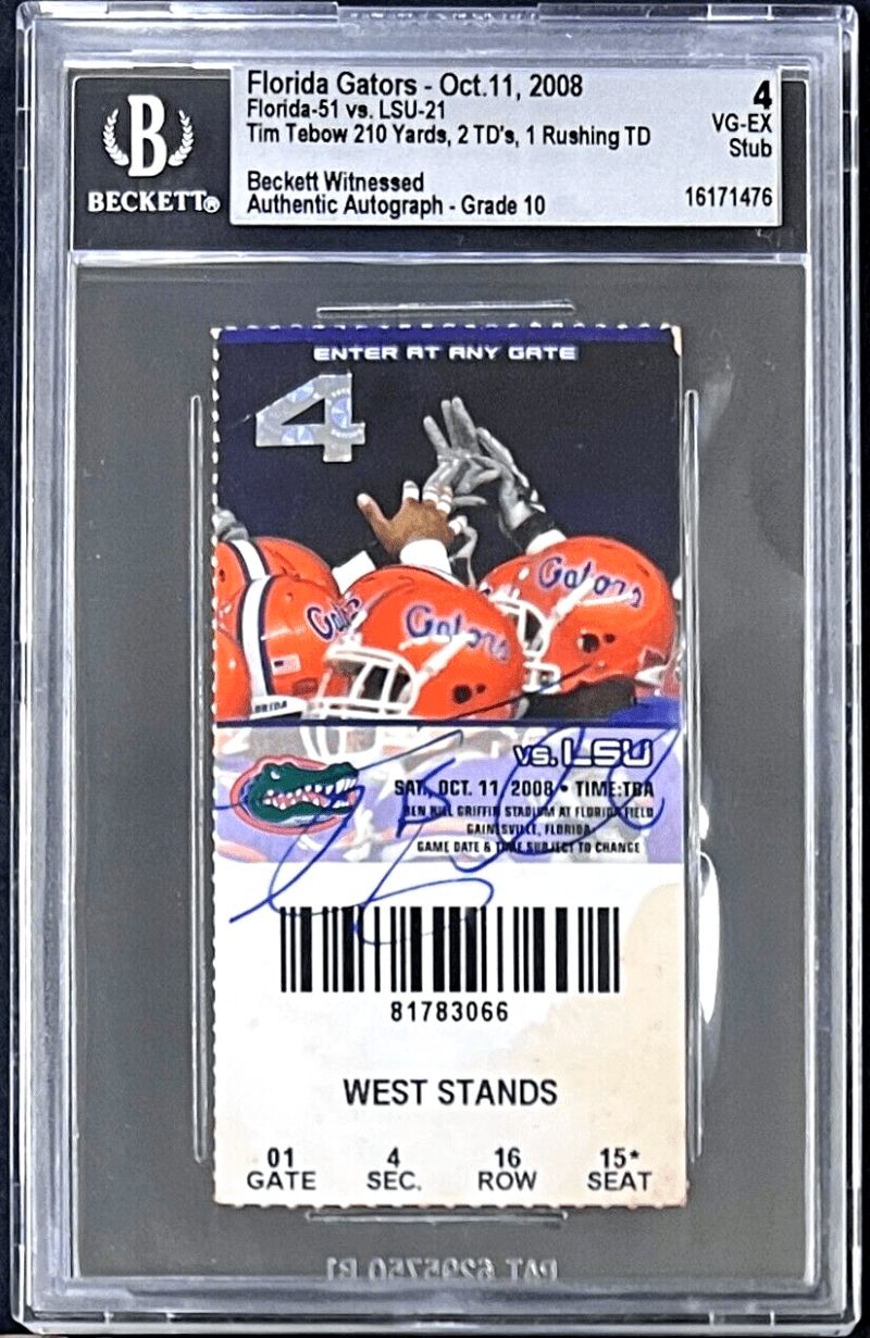 Tim Tebow Signed Florida Gators Oct. 11, 2008 Ticket Stub Beckett EX5 16171476