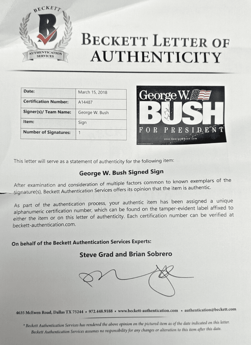 George W. Bush Signed Autographed Framed Campaign Sign Beckett Full Letter - Image 2