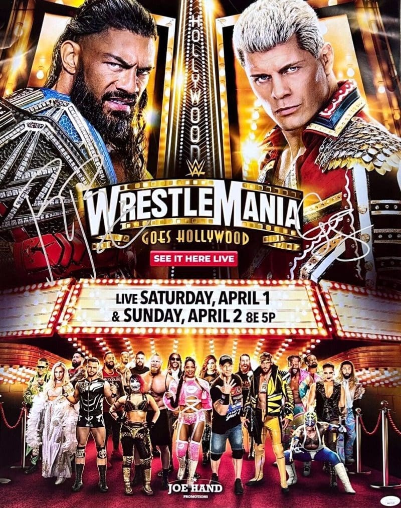 Roman Reigns & Cody Rhodes Signed 22x28 WrestleMania Poster JSA Authenticated