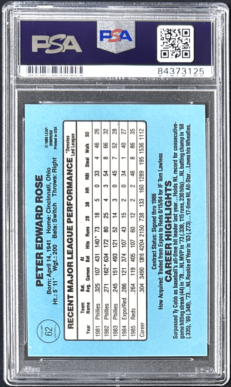Pete Rose Signed 1985 Donruss Card #62 PSA/DNA Cincinnati Reds - Image 2