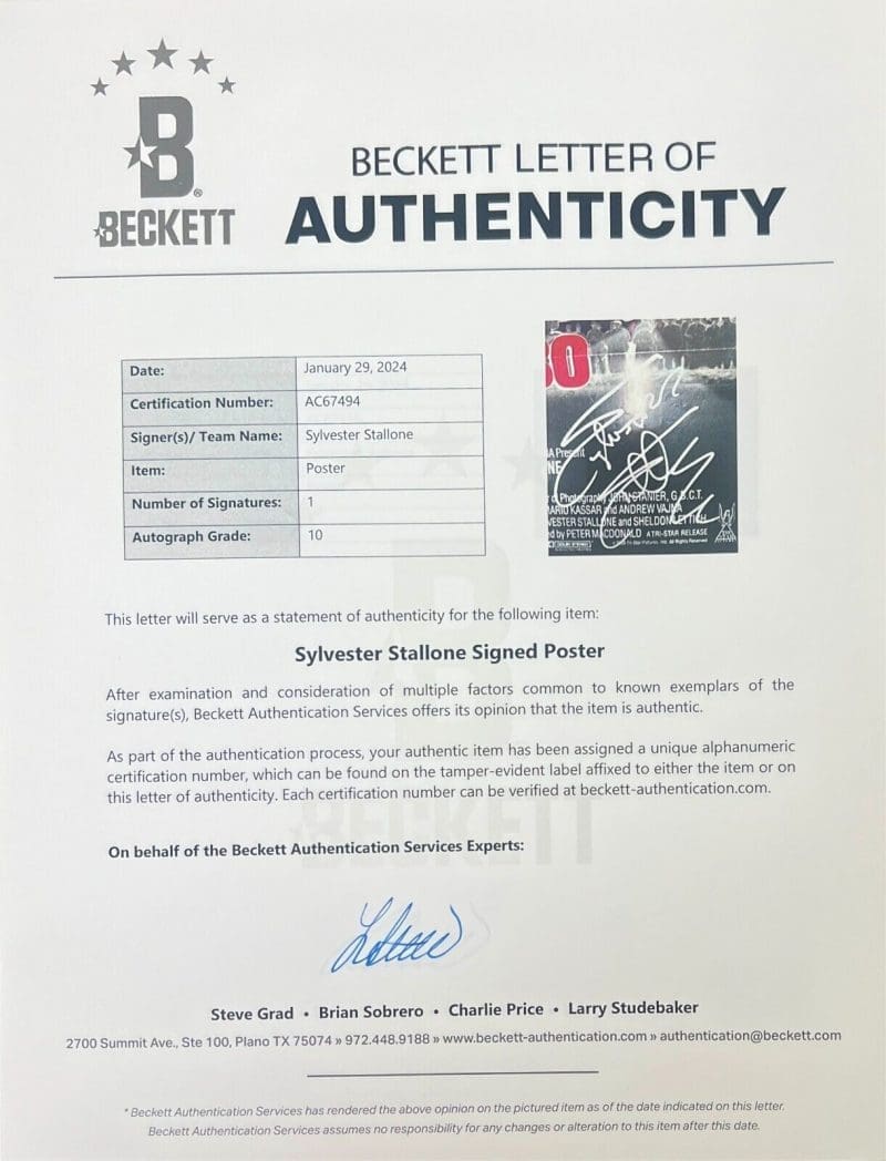 Sylvester Stallone Signed Rambo III Original Movie 27x41 Poster Beckett Gem 10 - Image 4