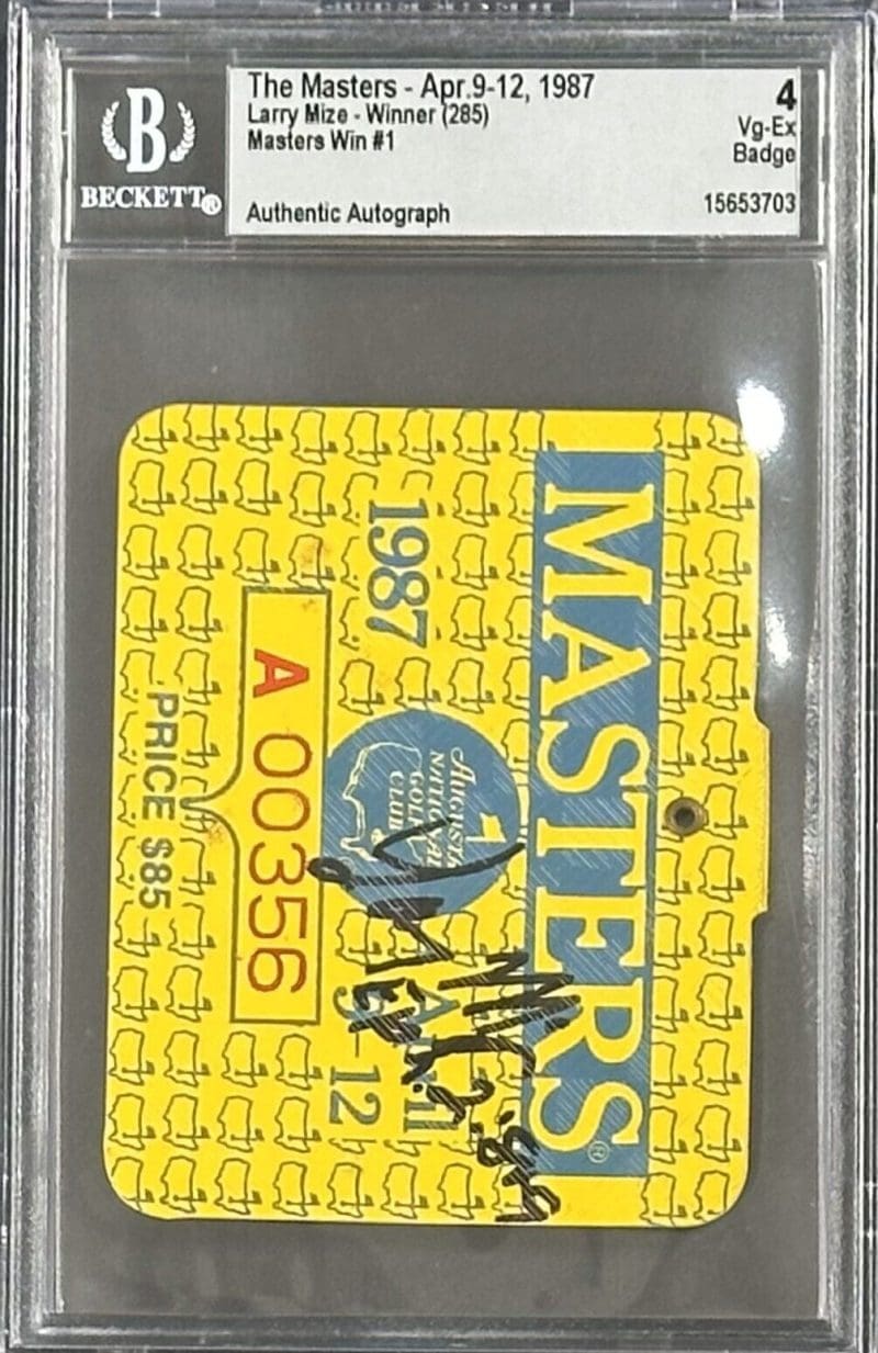 Larry Mize Signed 1987 Masters Badge Beckett Authentic 4 Vg-Ex 15653703