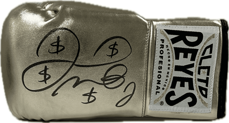 Floyd Mayweather Jr Signed Gold Cleto Reyes Boxing Glove JSA Right w/ $ signs