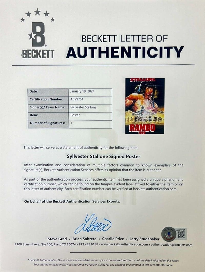 Sylvester Stallone Signed Rambo 3 Original German Movie 23x33 Poster BAS AC29751 - Image 3