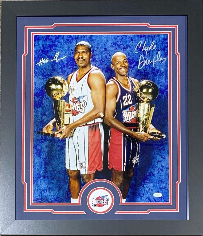 Hakeem Olajuwon Clyde Drexler Signed Autographed Framed 16x20 Photo JSA #2